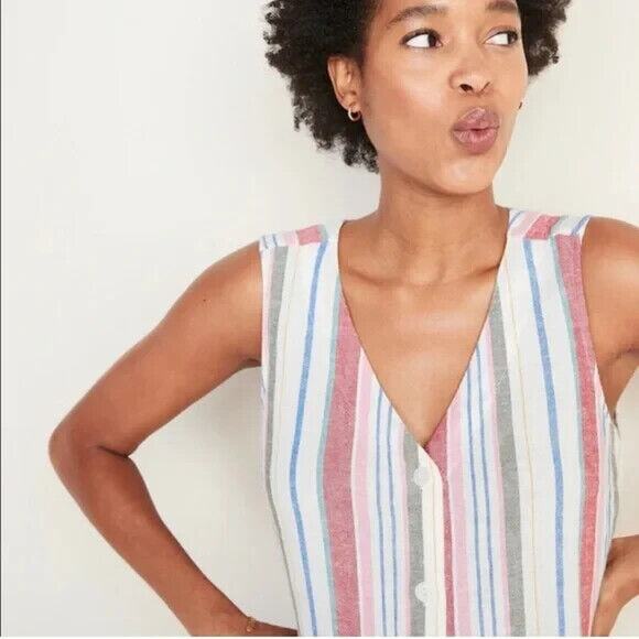 Old Navy Striped Linen Blend Dress Sz Small Sleeveless Button Front Pockets - Picture 2 of 11
